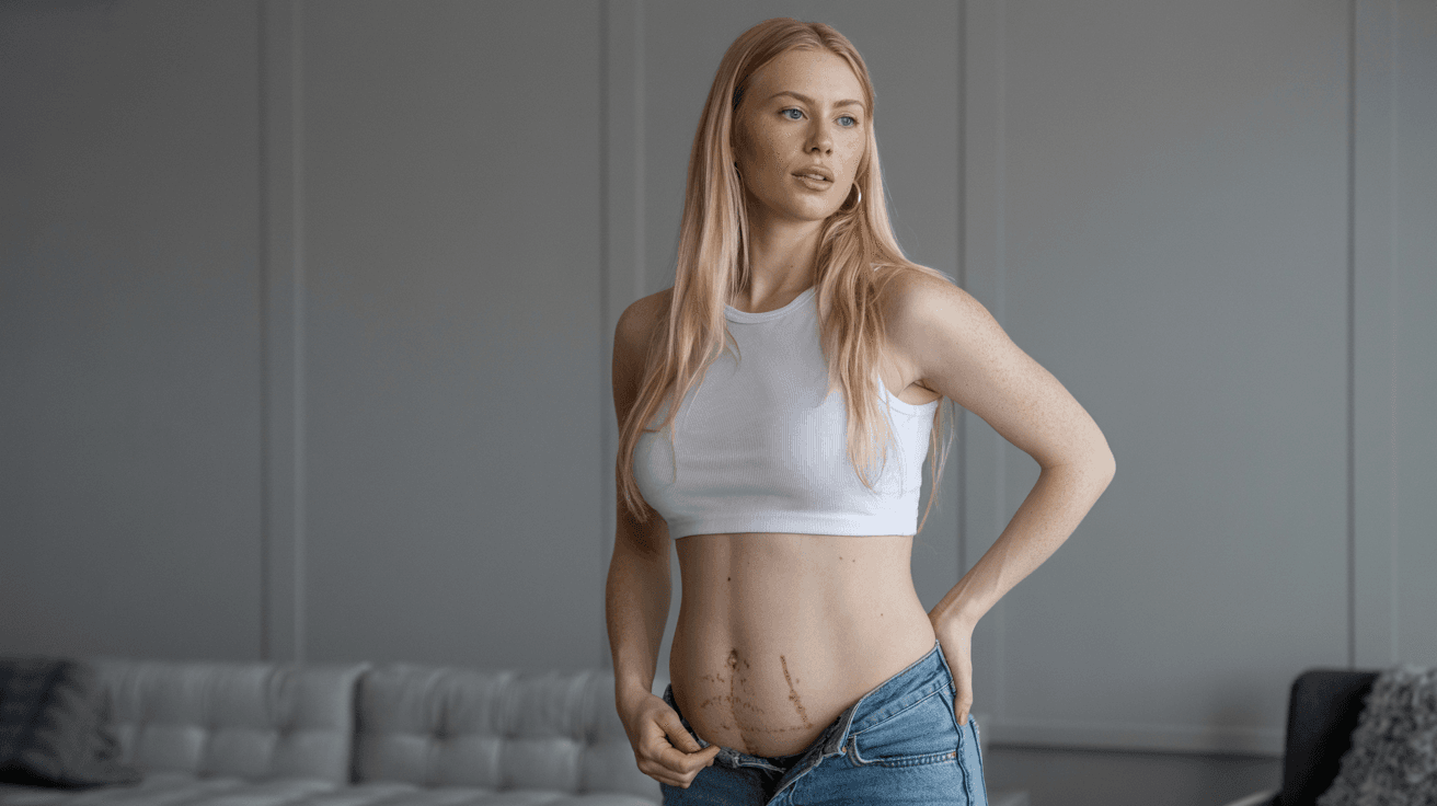 AI generated: tall young swedish women,long blond hair, white skin,  skinny jeans and busty croptop, natural curvy...