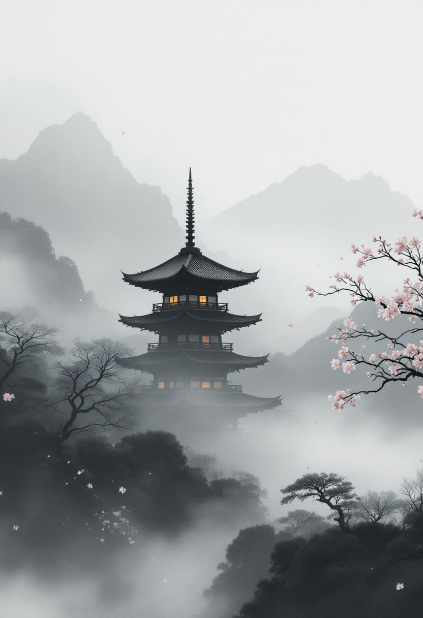 AI generated: Traditional Japanese pagoda in a foggy, ink wash-inspired landscape. Use a muted monochrome palette ...