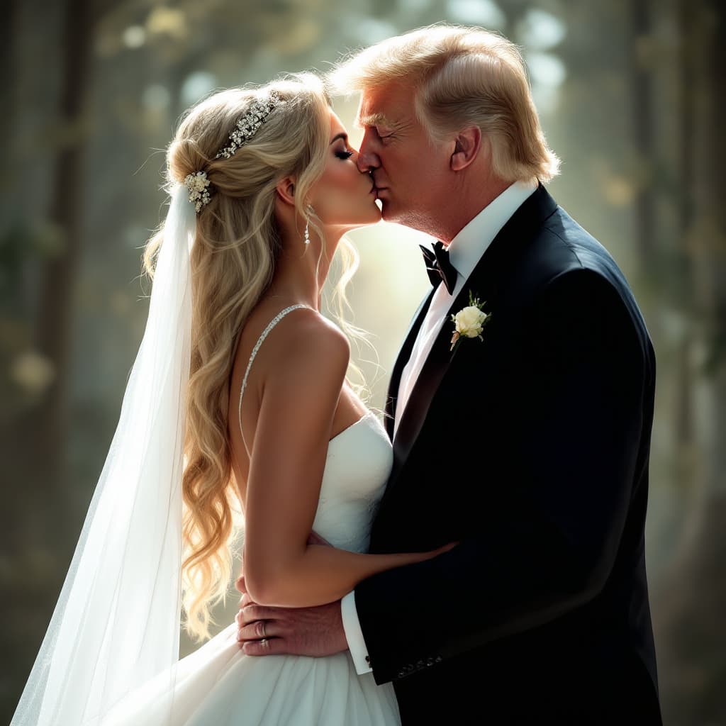 AI generated: Female donald trump with long blonde hair and blue eyes wearing a wedding dress while kissing her gi...