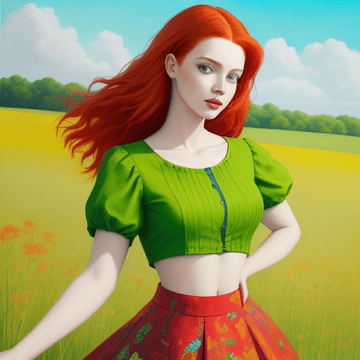 AI generated: The image features a painting of a woman with red hair, wearing a colorful shirt and green skirt. Sh...