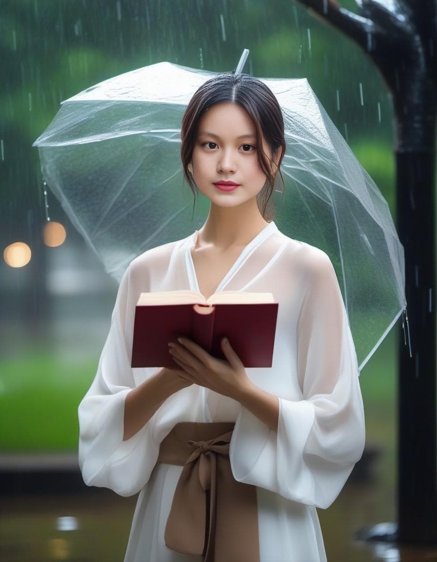 AI generated: a flat skinny woman wearing a wet white silk blouse and wet silk skirt under the rain in a park, she...