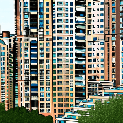 AI generated: Urban landscape with contrasting luxury high-rises and run-down public housing.