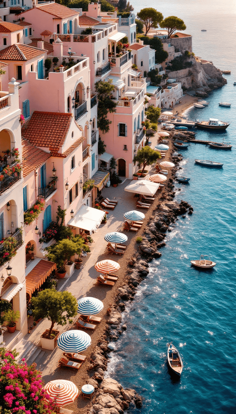 AI generated: A vibrant aerial view of a Mediterranean-inspired waterfront, with light pastel-colored apartment bu...
