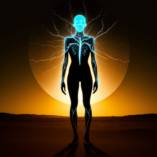 AI generated: Meta Human with bio-illuminated cracks like veins, all over body, standing on an open desert evening