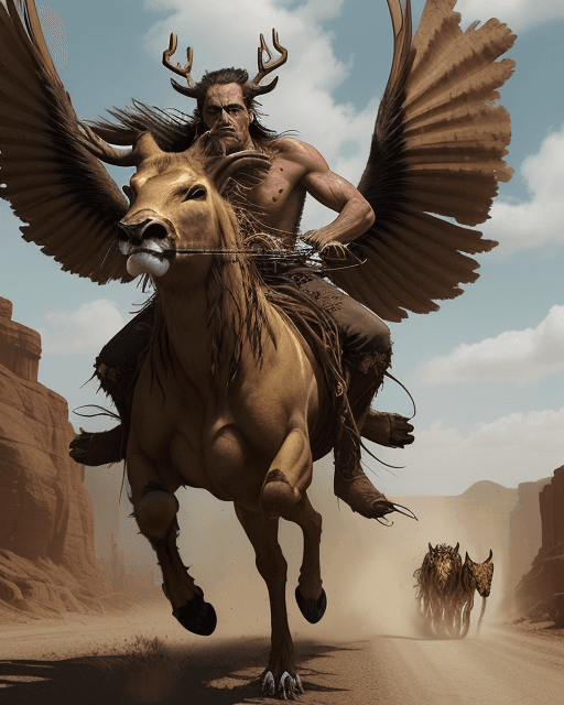 AI generated: A Gunslinger+jaguar with long wings, emaciated with skin clinging tightly to rib cage, deer skull an...
