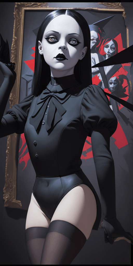 AI generated: 16k4d art rfktrstyle Wednesday Addams, Cubist Angles, (Dynamic Pose)+, perfect form, perfect composu...