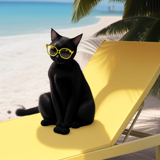 AI generated: black cat with yellow glasses on the beach lying on a chaise lounge with a cocktail in his paw
