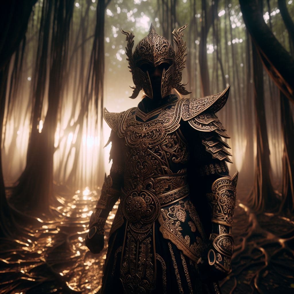 AI generated: 12th-century Majapahit warriors in Patih Gaja Mada style, intricate black and gold Majapahit armor, ...