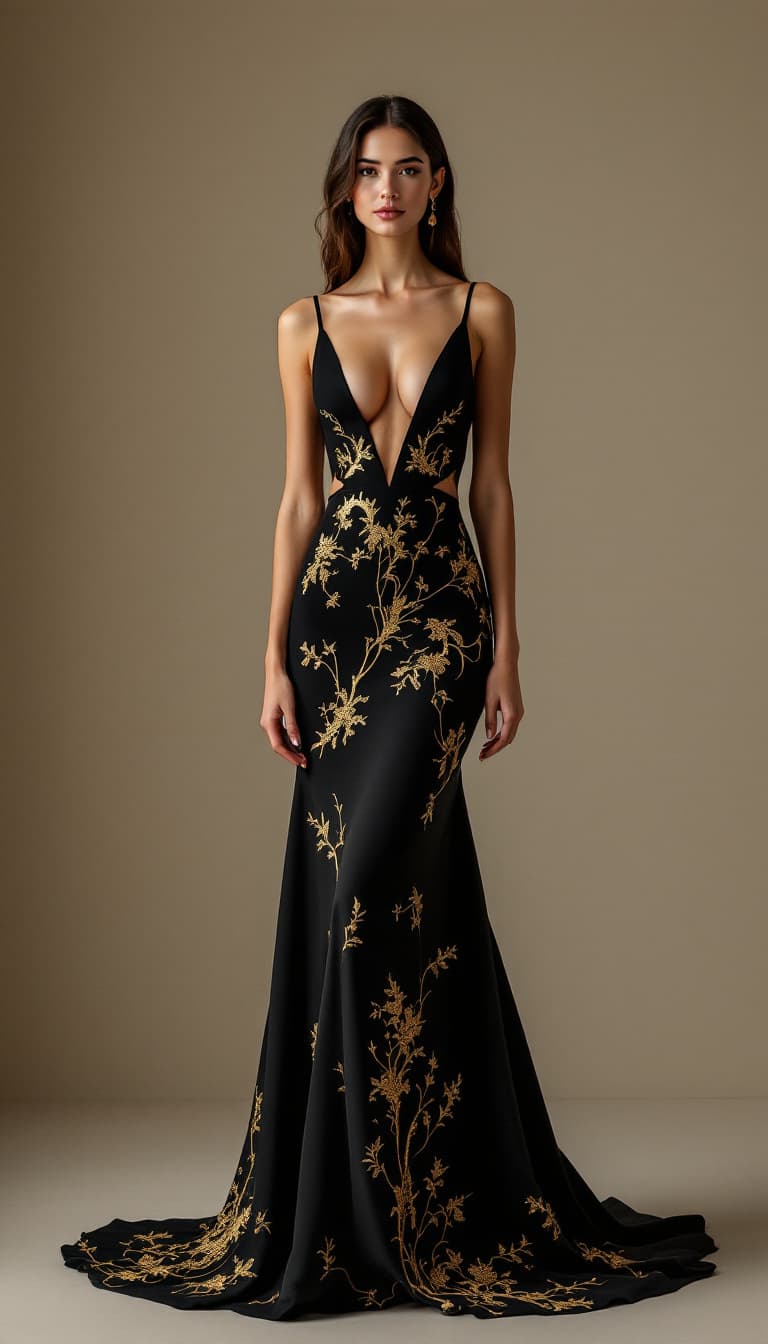 AI generated: a high-quality, photorealistic image of a model in a form-fitting black swimsuit with intricate gold...