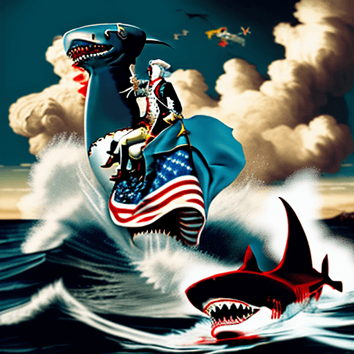 AI generated: Shark riding George Washington while nuking britain