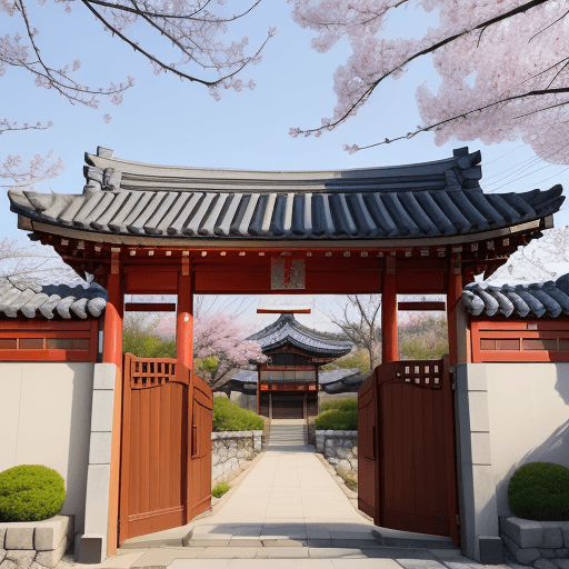 AI generated: Early spring, there is a sign in front of the gate in front of korean house, and it has four syllabl...
