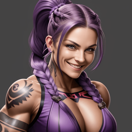 AI generated: muscular woman, smiling, tattoos, purple braided hair, ponytail hair, superhero outfit, cleavage, lo...
