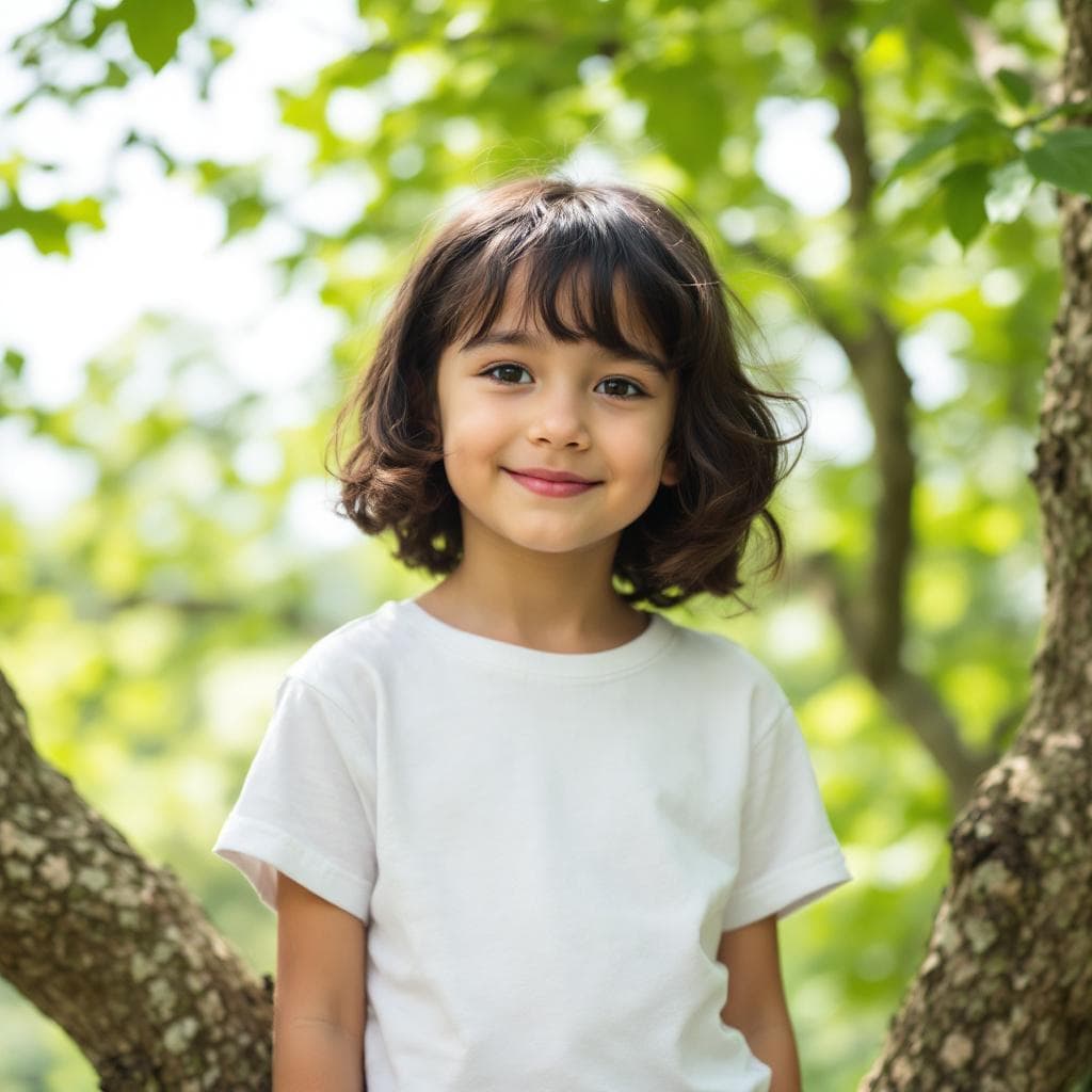 AI generated: a little girl stand in a tree with wearing a white t-shirt 