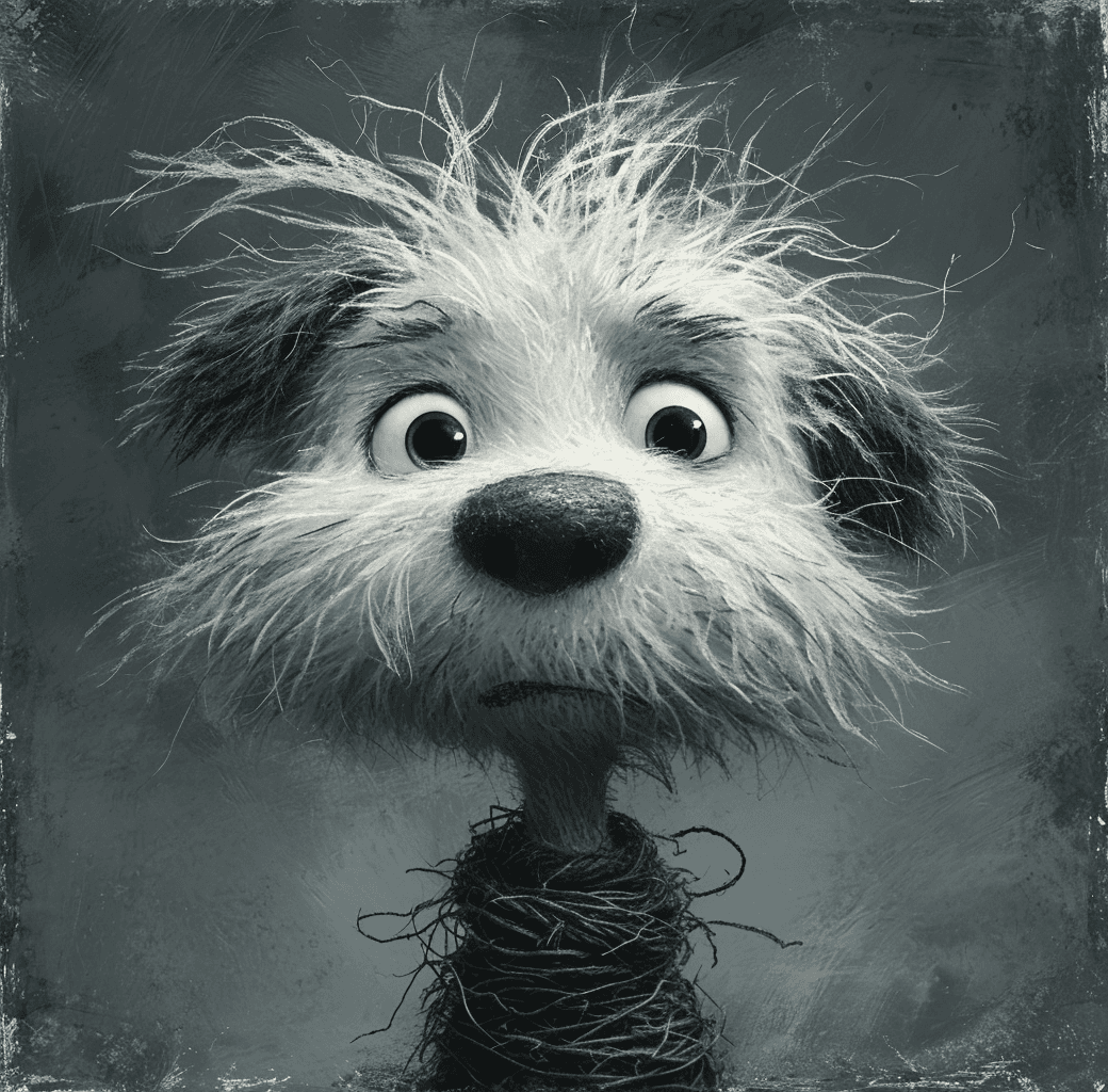 AI generated: an illustration of a dog with messy hair, in the style of whimsical children's book illustrator, gra...