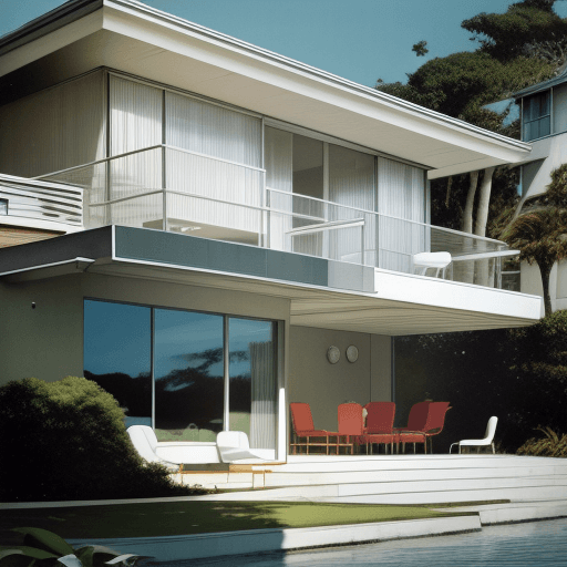 AI generated: Hyper realistic eye level exterior photo of a mid century modern style house overlooking the ocean, ...