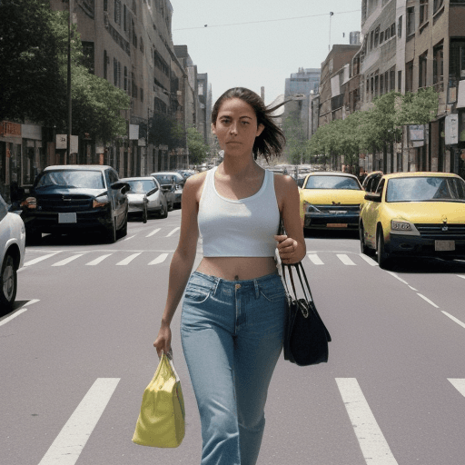 AI generated: 12K, HRD, film grain, 100 ASA, The image features a woman walking down a city street, wearing a whit...