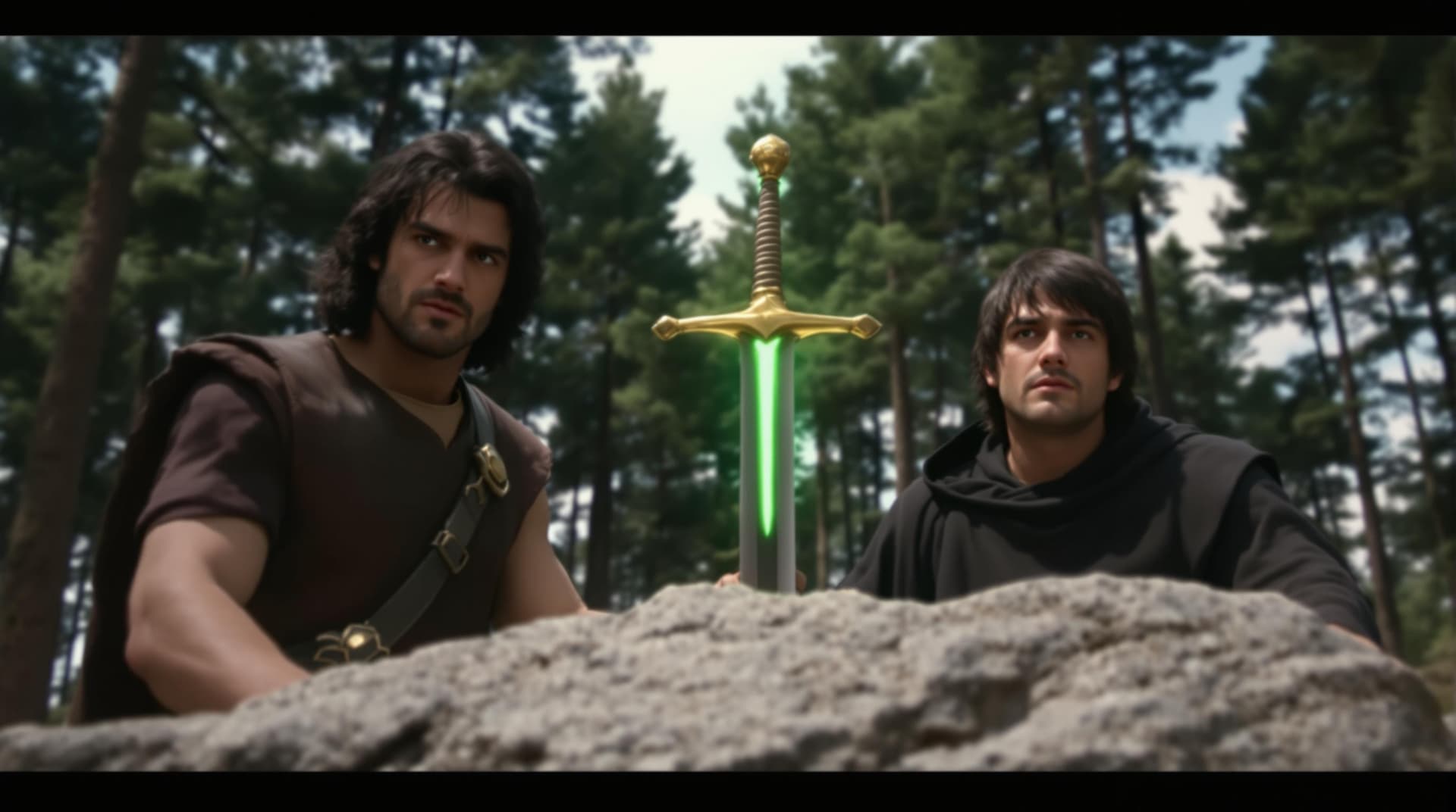 AI generated: a pivotal scene where King Arthur pulls the sword Excalibur from a stone. The man on the left has da...