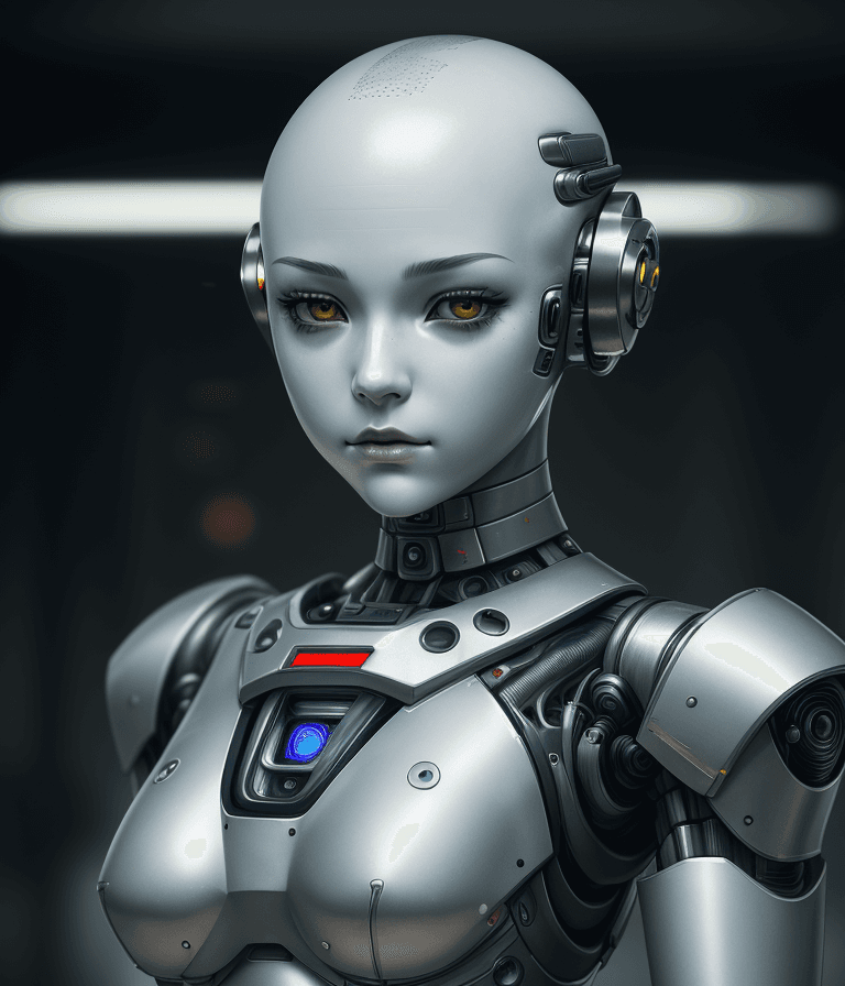 AI generated: fking_scifi_v2, portrait of a guard robotic girl android, silver skin, robotic, mechanical, reflecti...