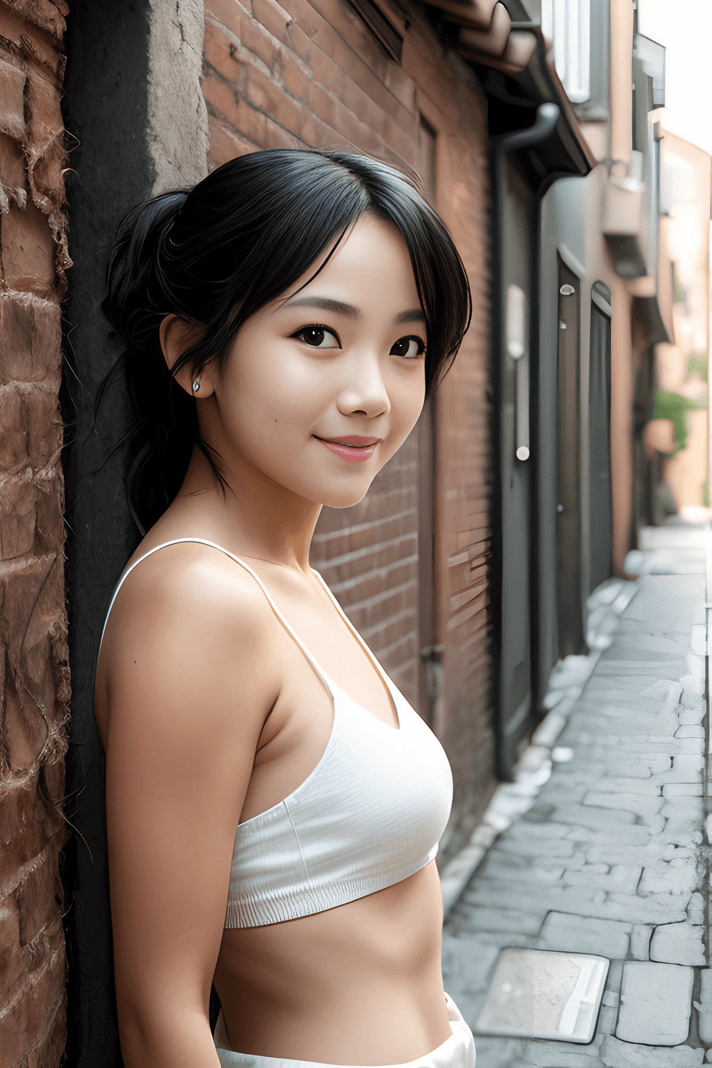 AI generated: wallpaper image, beautiful fugitive hiding in an alleyway, stunning face, fun and mischievous, cheek...