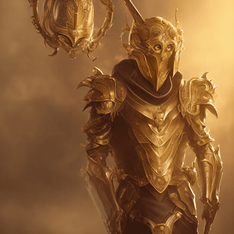 AI generated: Hero with a golden mask, facelees mask, asymmetrical spiked armor, highly detailed, glowing halo abo...
