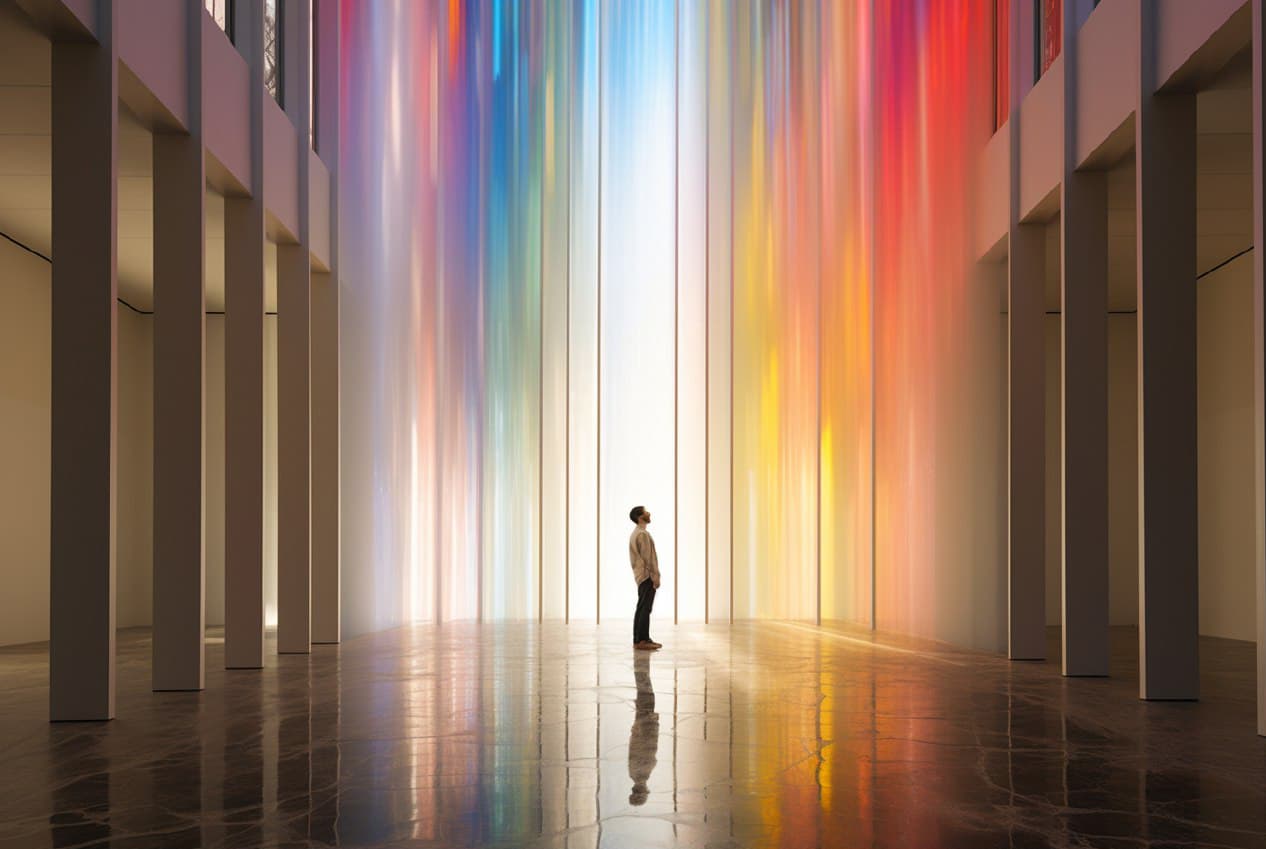 AI generated: a person standing in a light filled room, by Okuda Gensō, inspired by Ryoji Ikeda, in the cover of n...