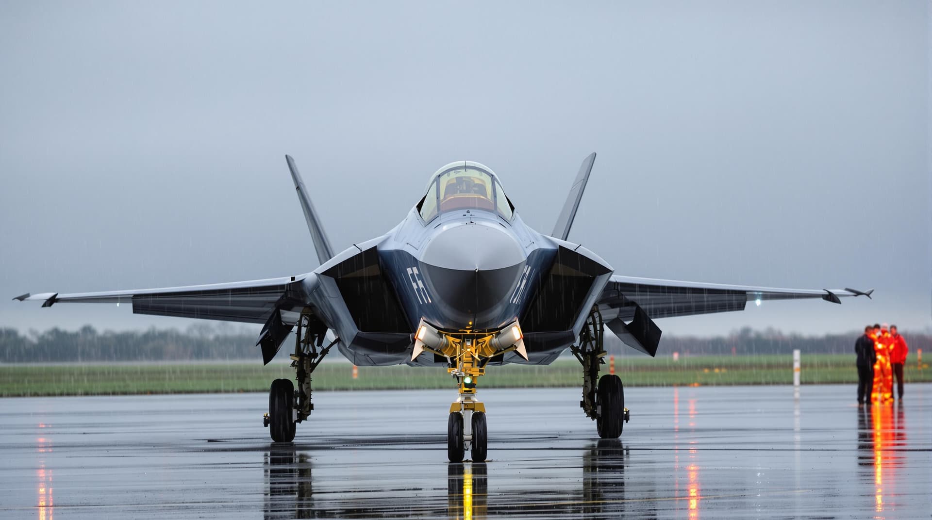 AI generated: A highly realistic F35 fighter jet sat on the ground at RAF Marham in the rain, wet ground with refl...