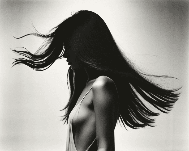 AI generated: AnalogRedmAF, a silhouette of a fashion model with extreemely long flowing hair standing sideways to...