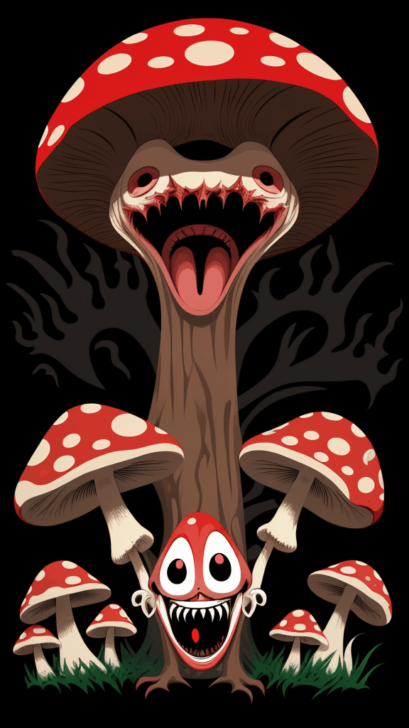 AI generated: vector horror art on the diverse background, a screaming crazy anthropomorphic evil mushroom with 's...