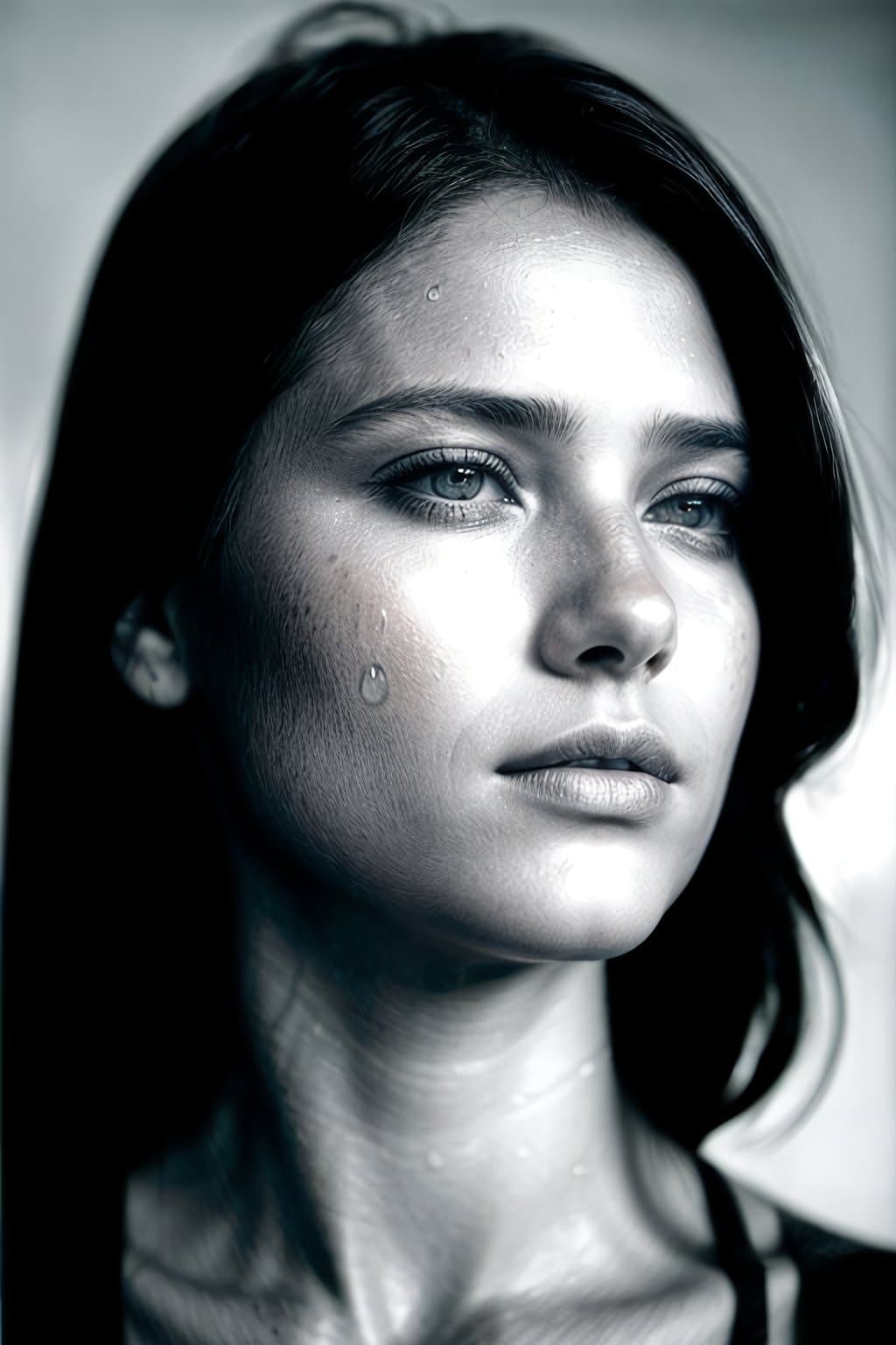 AI generated: a beautiful girl with water drops on her face, in the style of nathan wirth, dean cornwell, toni fri...