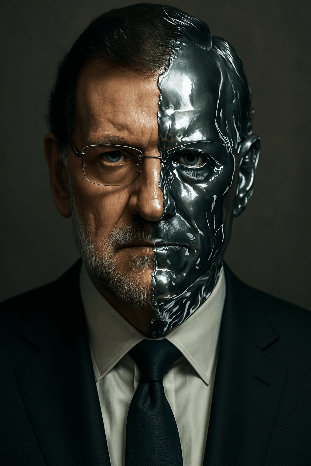 AI generated: A dramatic, front-facing close-up portrait of Mariano Rajoy in a suit, reminiscent of the T-1000 fro...