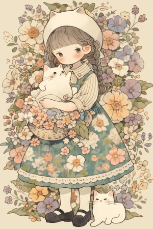 AI generated: Scribble of chibi girl with cat, floral design, pastel color, Ivan Bilibin, soft-shading, vintage 19...