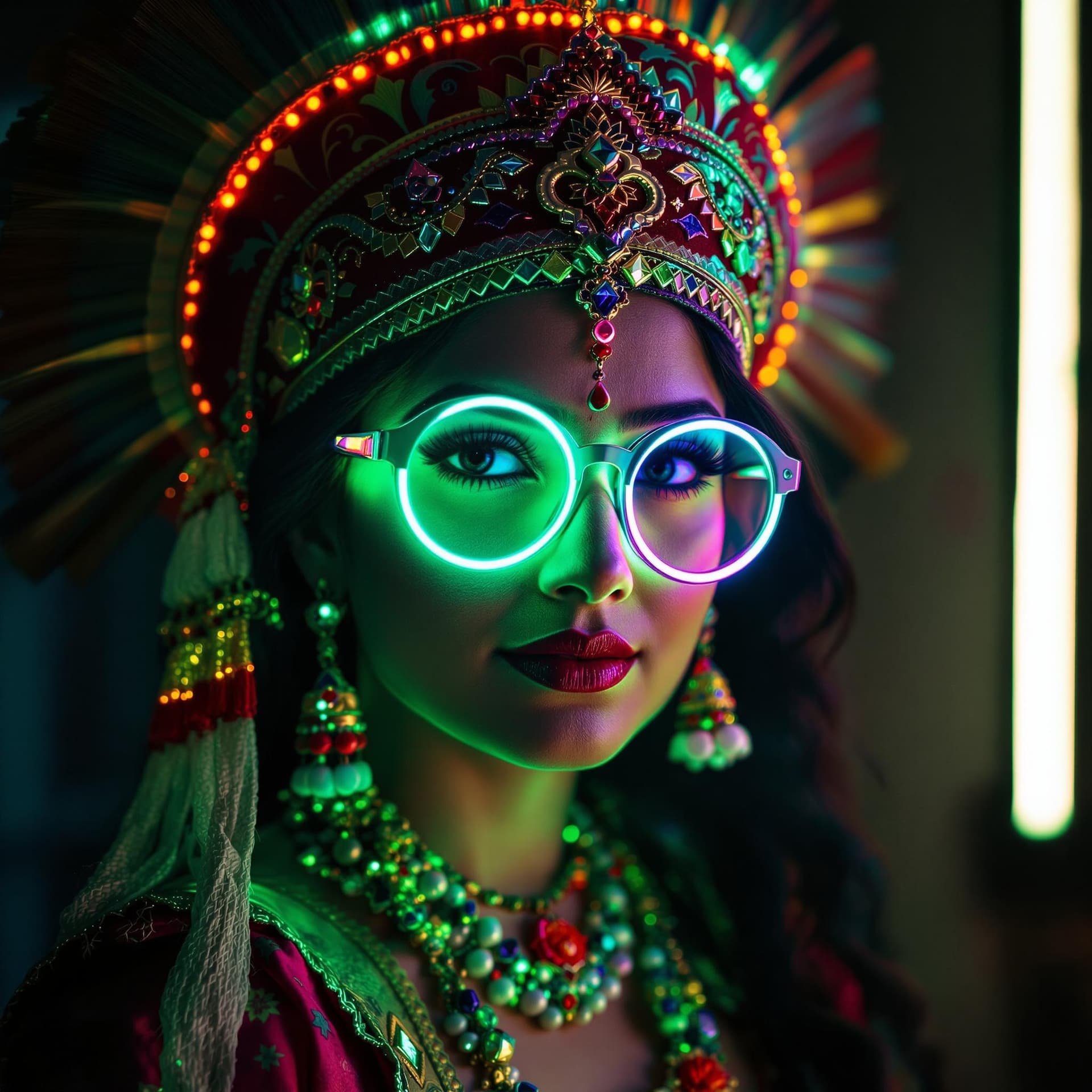 AI generated: High resolution photography of full woman wear neon traditional costume,her face have a big eyeglass...
