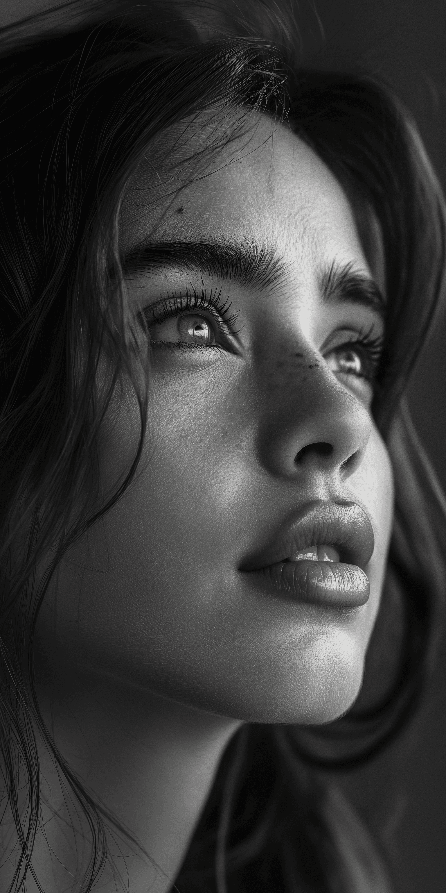 AI generated: hyper-realistic photograph, woman, stunning, black and white, shot on a Sony A7III --ar 1:2 --styliz...