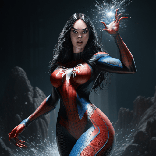 AI generated: Megan Fox as Spider-Woman, color, full body, 6 feet tall, intricate, highly detailed,Wit big chest p...