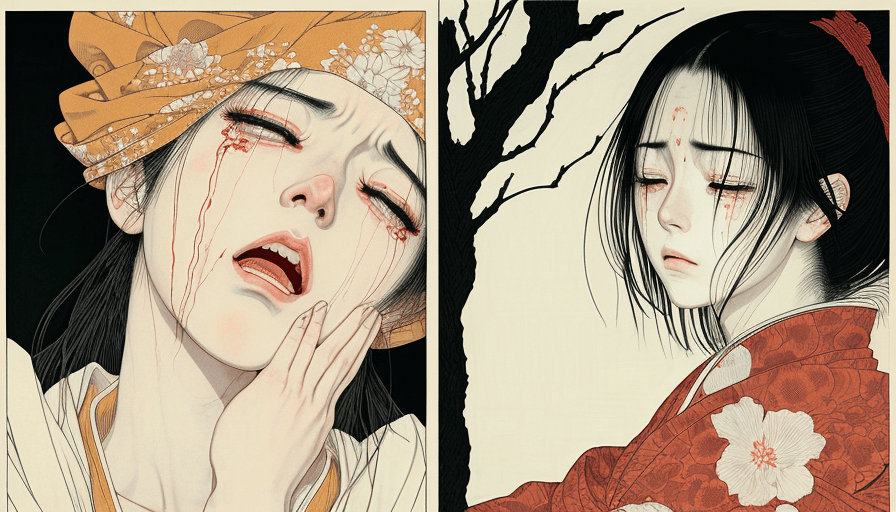 AI generated: Woman crying, artwork by Takato Yamamoto and Chika Yamada, very detailed