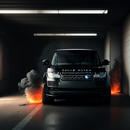 AI generated: vhs quality 50mm handycam wiev from a litte far distance, range rover drifting inside of a big garag...
