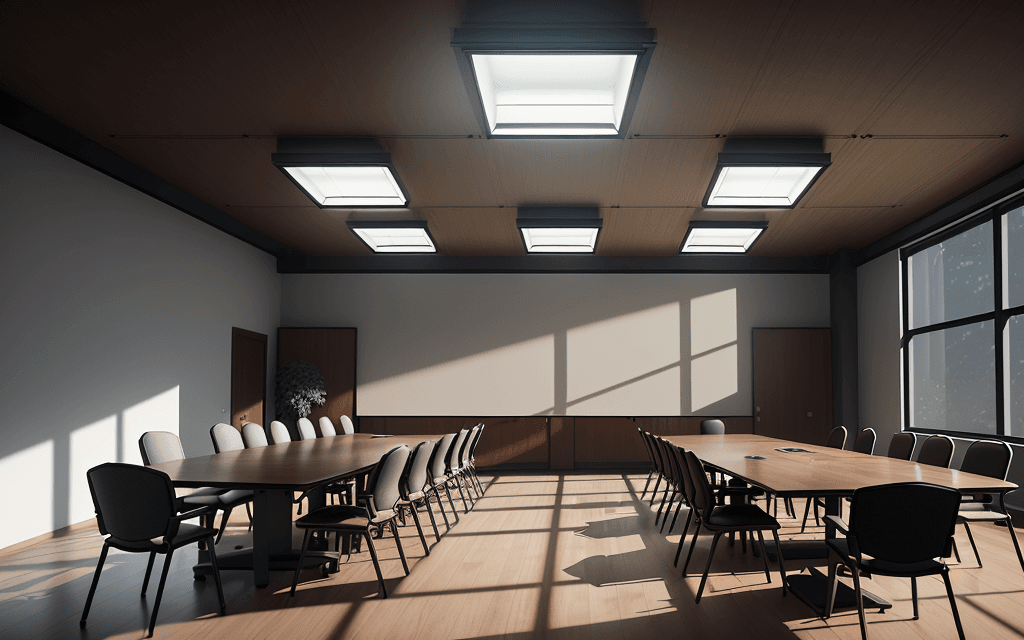AI generated: a conference room with a wooden table and black chairs, 15 mm octane render, dramatic lighting 8k re...