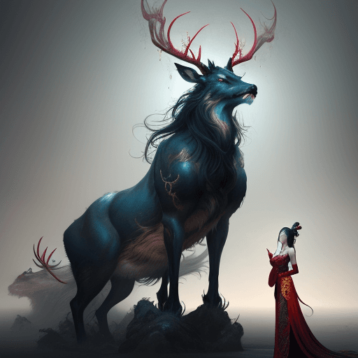 AI generated: Envision a breathtaking image where a Chinese beauty stands
alongside a majestic stag, seamlessly bl...