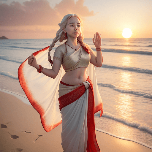 AI generated: A women age 30, cute face, emilia clarke face, white long braided hair, red rose, big ear rings, wea...
