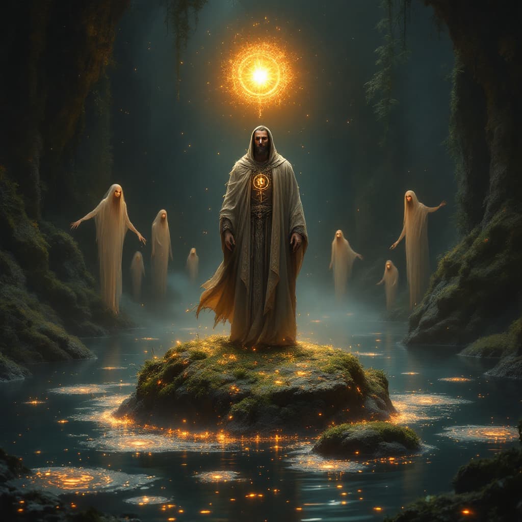 AI generated: Image of a man standing on a mossy rock in the center of a dark, luminescent lake within an abandone...