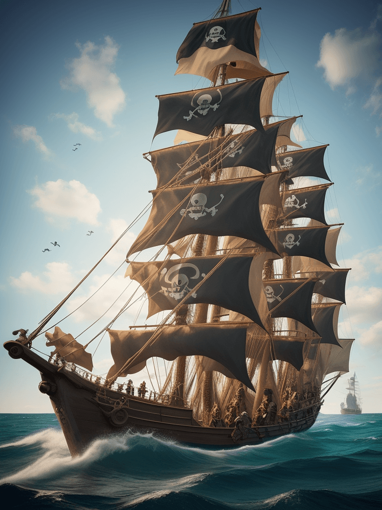 AI generated: pirate school ship with students dressed as pirates, and pirate teachers in an immense sea 
