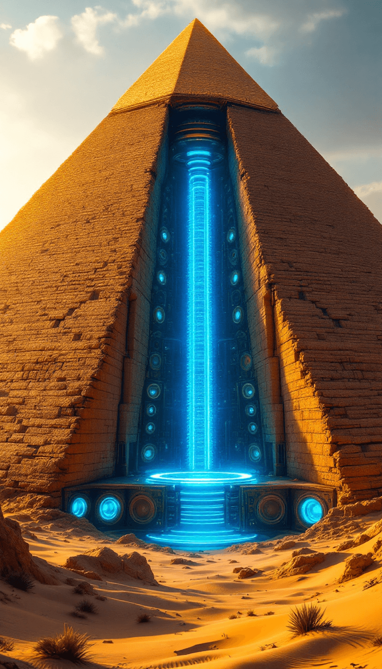 AI generated: A massive ancient pyramid in the middle of a desert, revealing a hidden futuristic underground chamb...