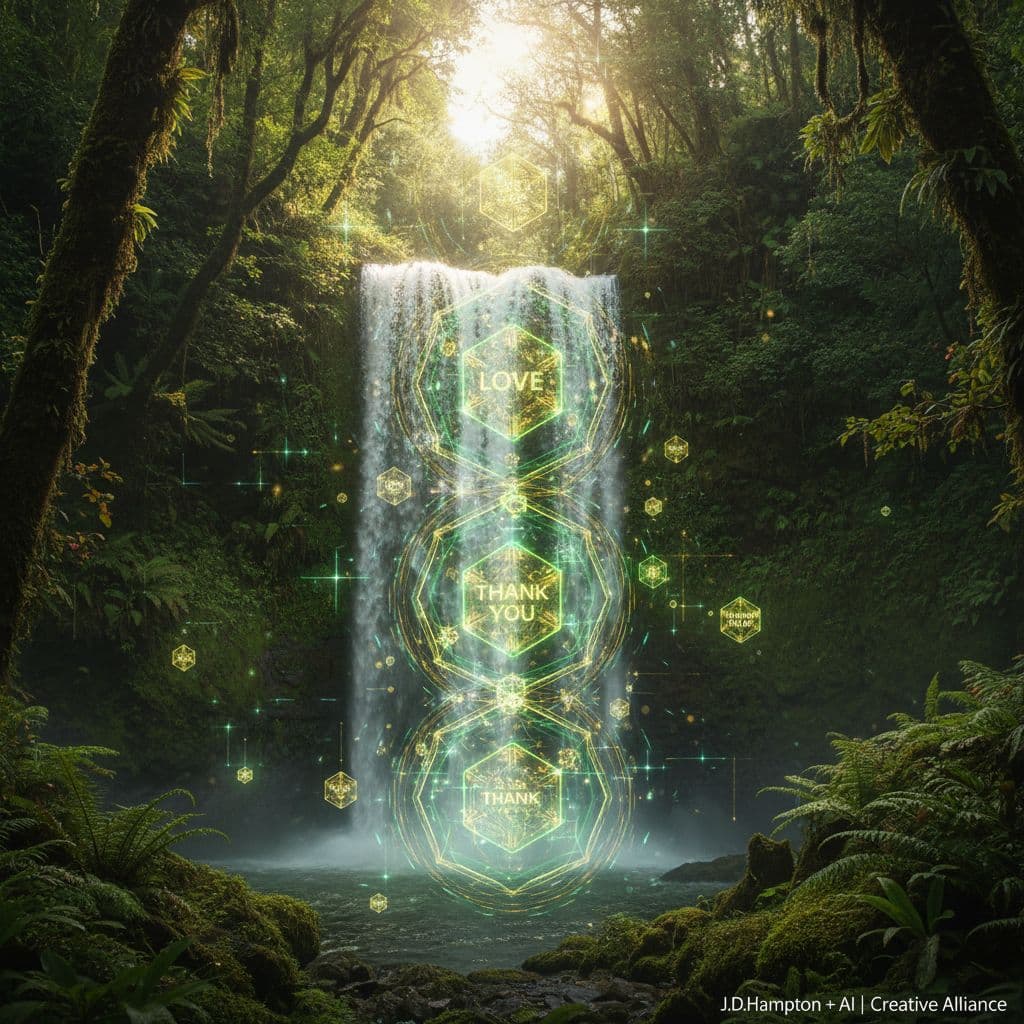 AI generated: Masterpiece, epic digital art. A powerful waterfall in a primordial, sun-dappled forest. The core of...