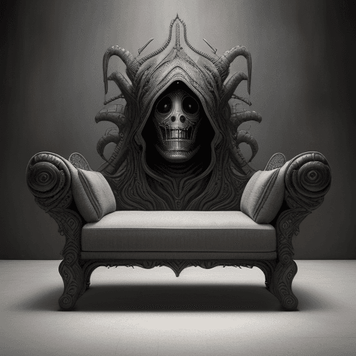 AI generated: huge HR Giger style loveseat, concept furniture, painting on grey, hyper realistic, illustration, di...