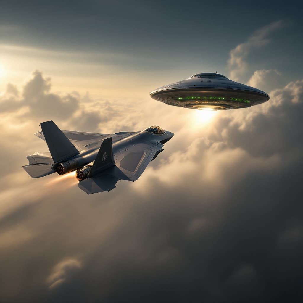 AI generated: F-22 jet fighter, dog fight with UFO.