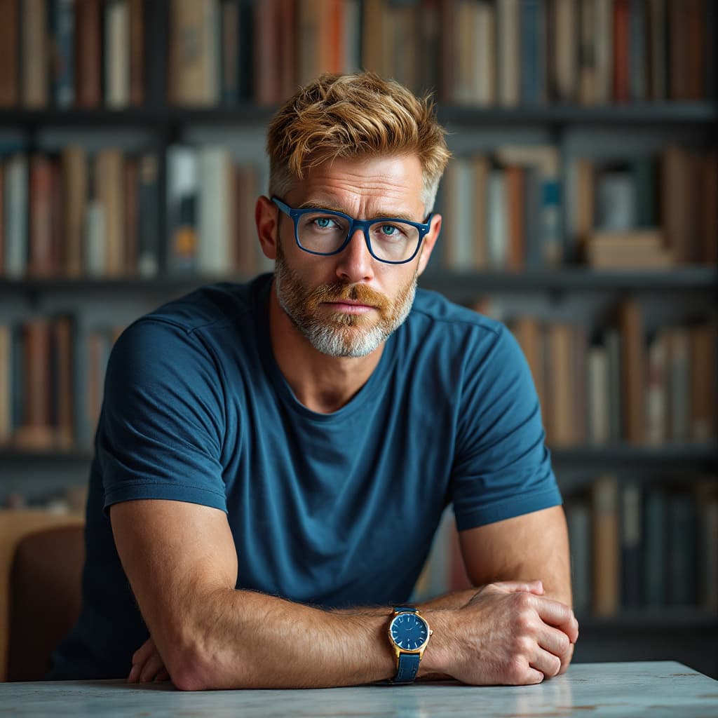 AI generated: Retrato hiper-realista de um homem de meia-idade com cabelo castanho claro desgrenhado e barba curta...