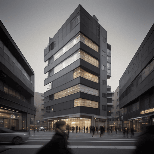 AI generated: photography, eye-level, front view, a contemporary urban building facade during twilight with pedest...