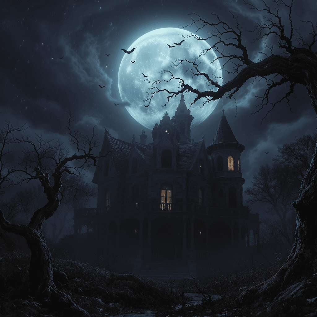 AI generated: Halloween, an elaborate depiction of a classic haunted house, a full moon hanging above a dilapidate...