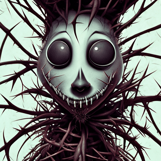 AI generated: buck bunny style Tim Burton, close-up frightening portrait of a encased in a living suit of thorns, ...