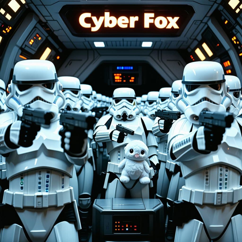 AI generated: An army of storm troopers on a galactic cruiser pointing pistols at a baby chubaca, muted colors, ph...
